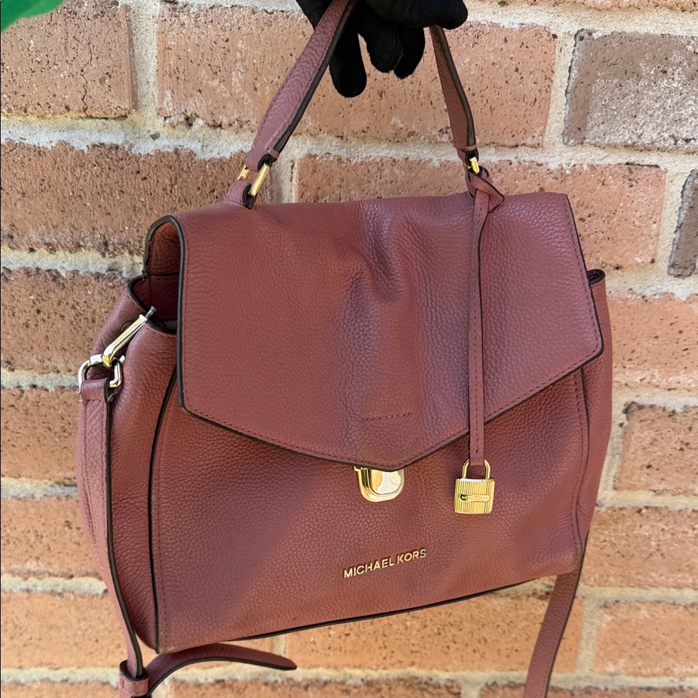 Michael Kors Burgundy Pebbled Leather Satchel with Gold Hardware